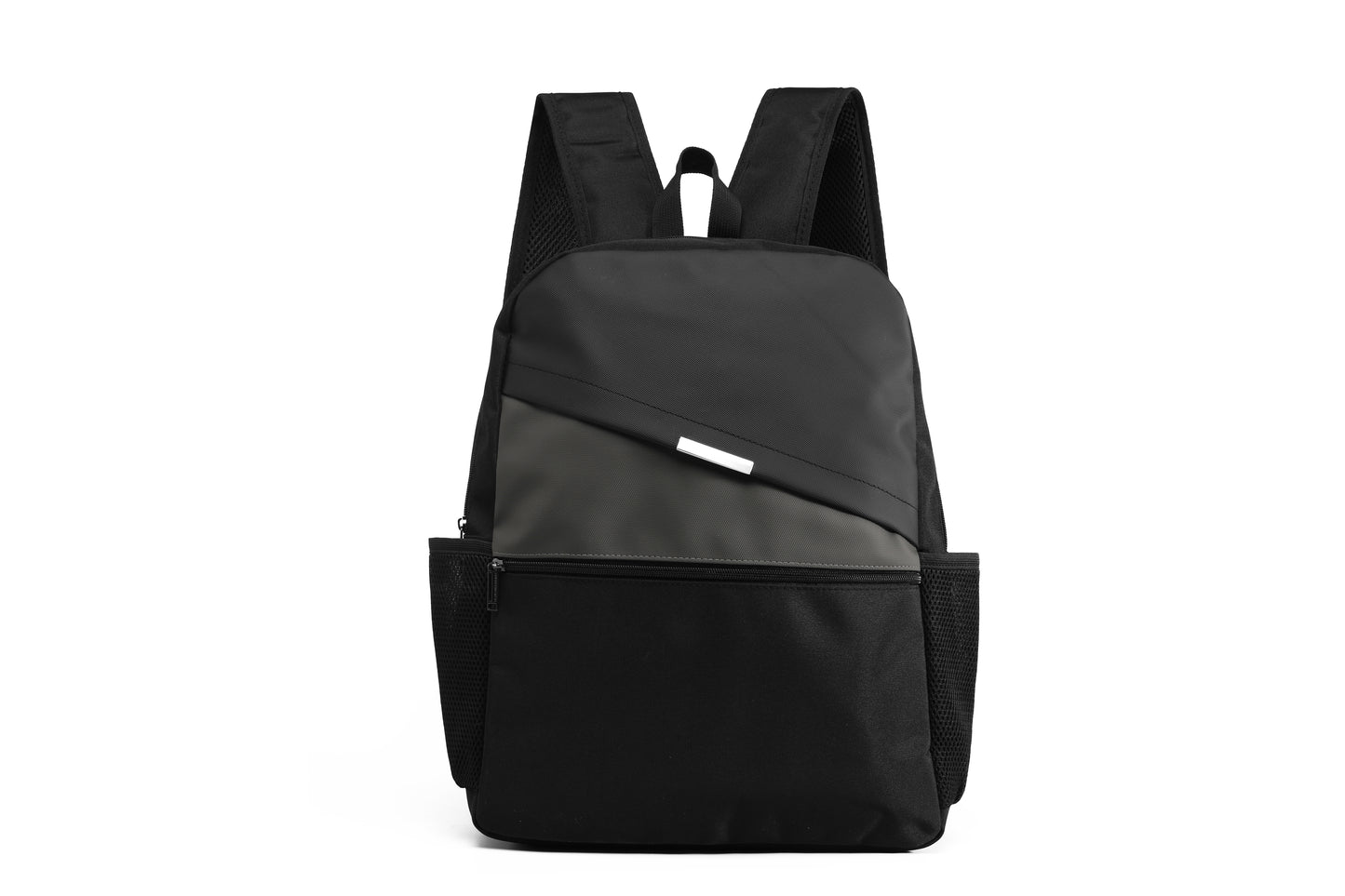 Black backpack with a gray section on a white background