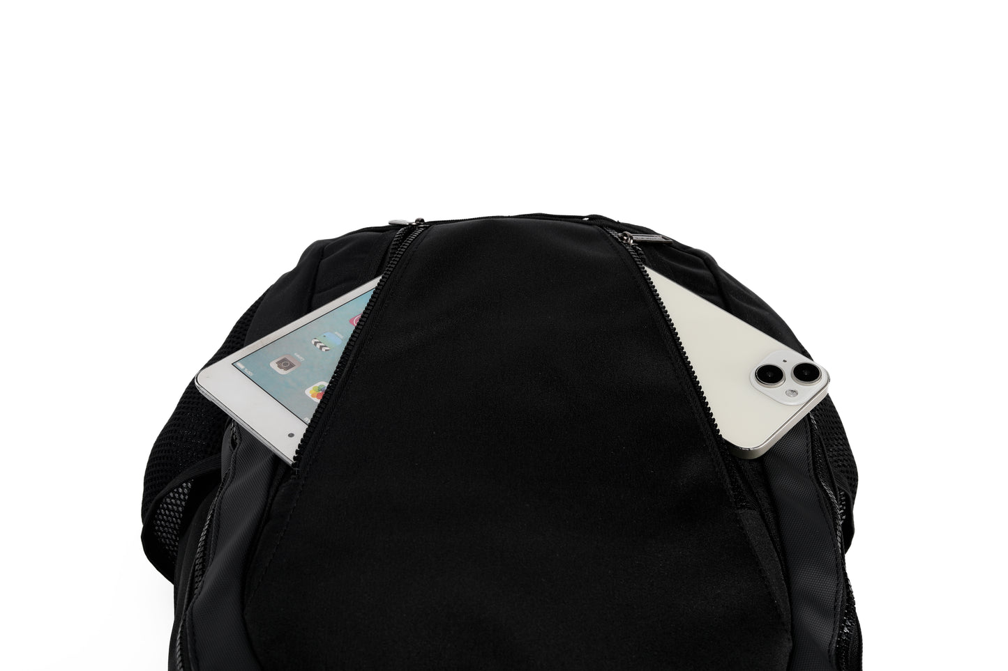 Black backpack with a tablet and phone in front pocket on a white background