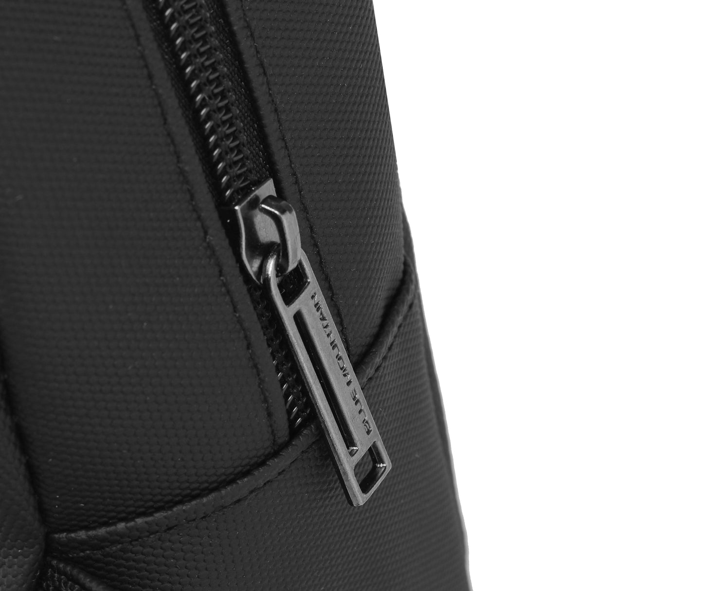 Close-up of a black backpack zipper with a brand logo on a white background