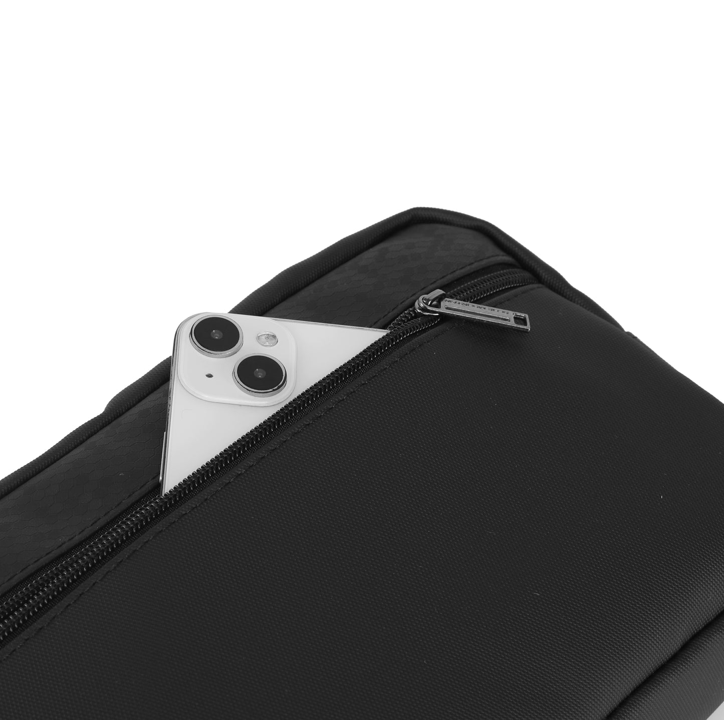 Black laptop sleeve with a zipper, containing a white smartphone.
