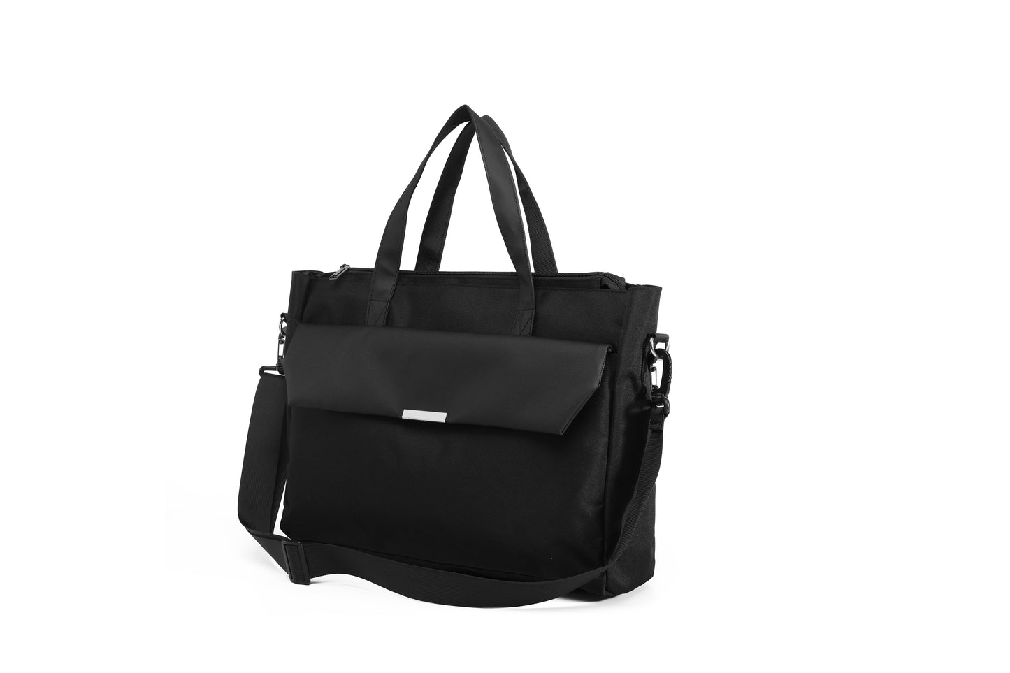 Black handbag with a shoulder strap on a white background
