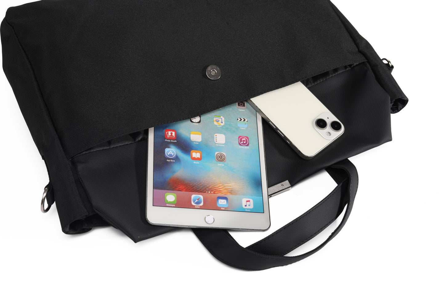 Black Document bagpack with a tablet and phone on a white background