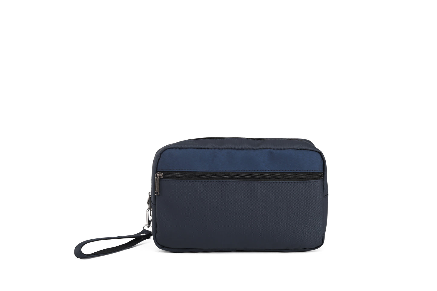 Navy blue toiletry bag with a black strap on a white background