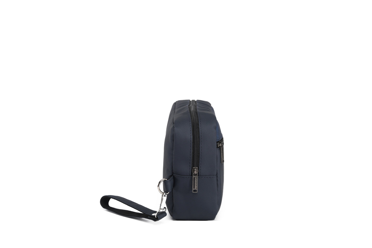 Black backpack with a strap on a white background