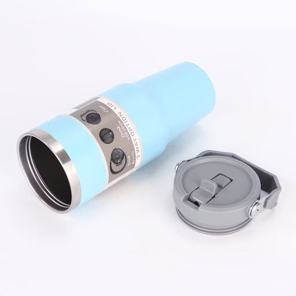890ml Stainless Steel Light Blue Tumbler with Straw and Handle ā Side View