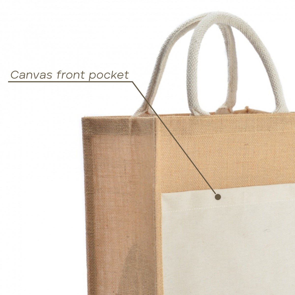 Reusable jute bag with short handles with front pocket