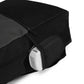 Black backpack with a white zipper pull on a white background