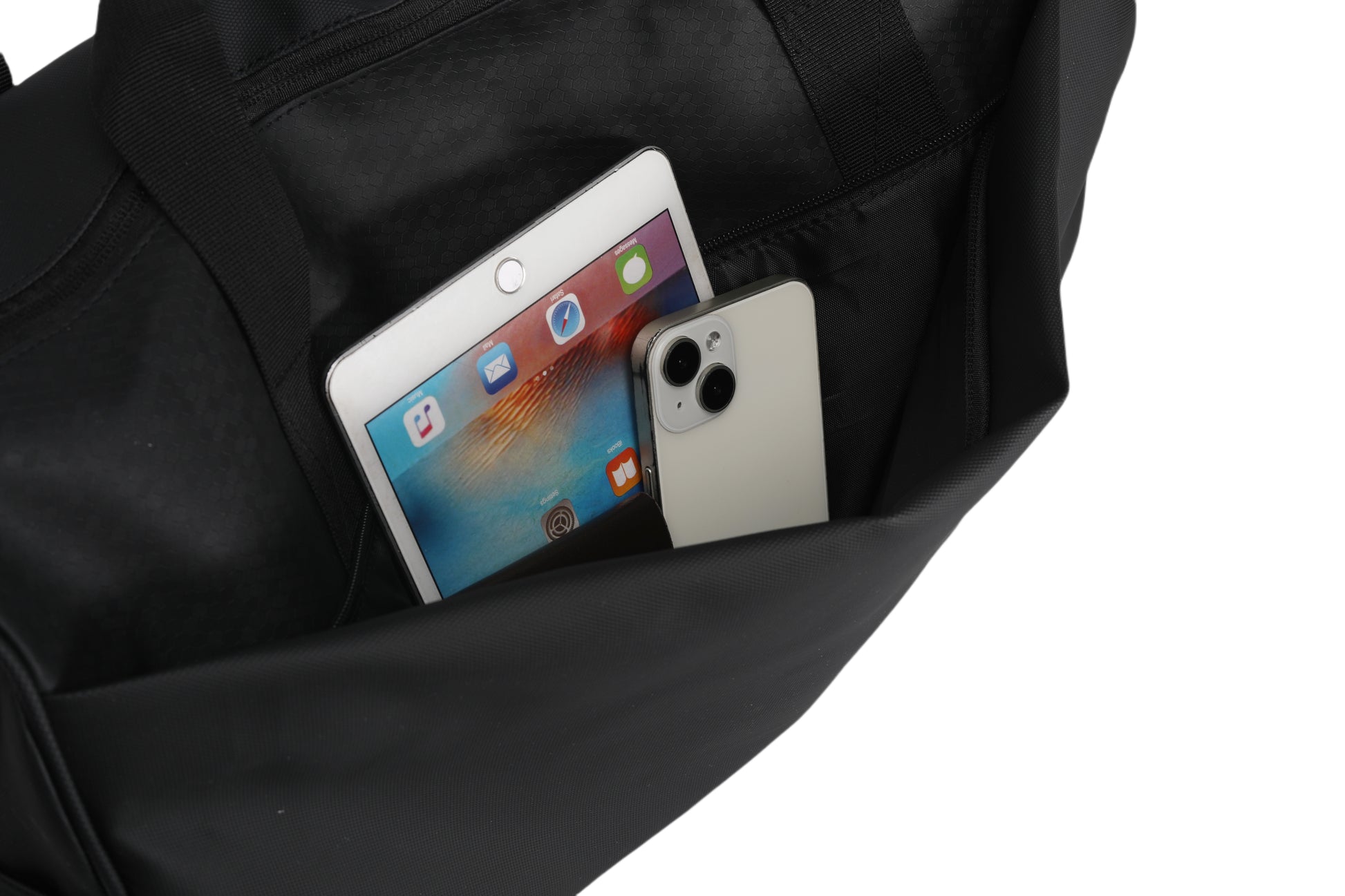 Black backpack with a tablet and phone inside on a white background