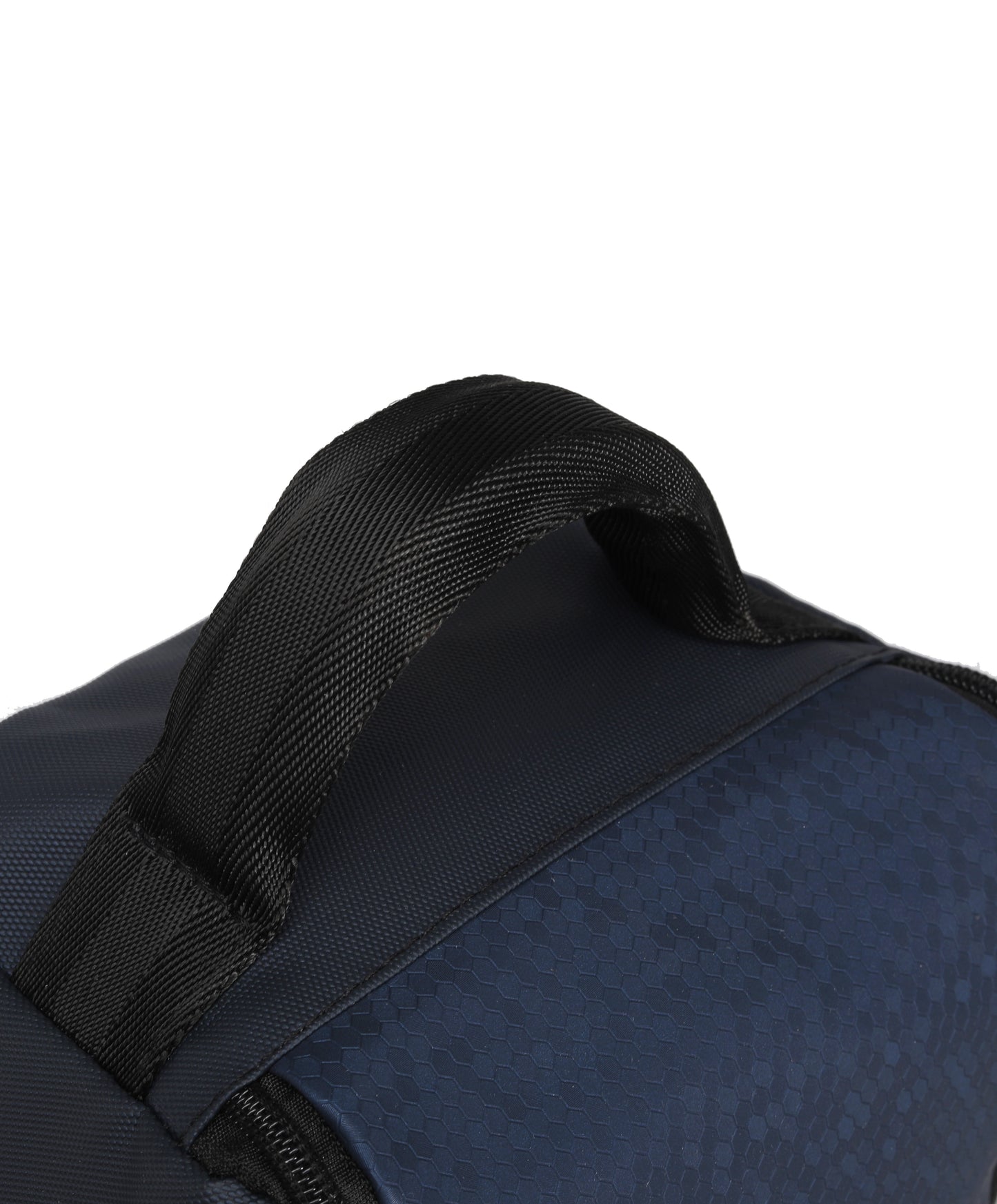 Close-up of a blue bag with a black strap on a white background