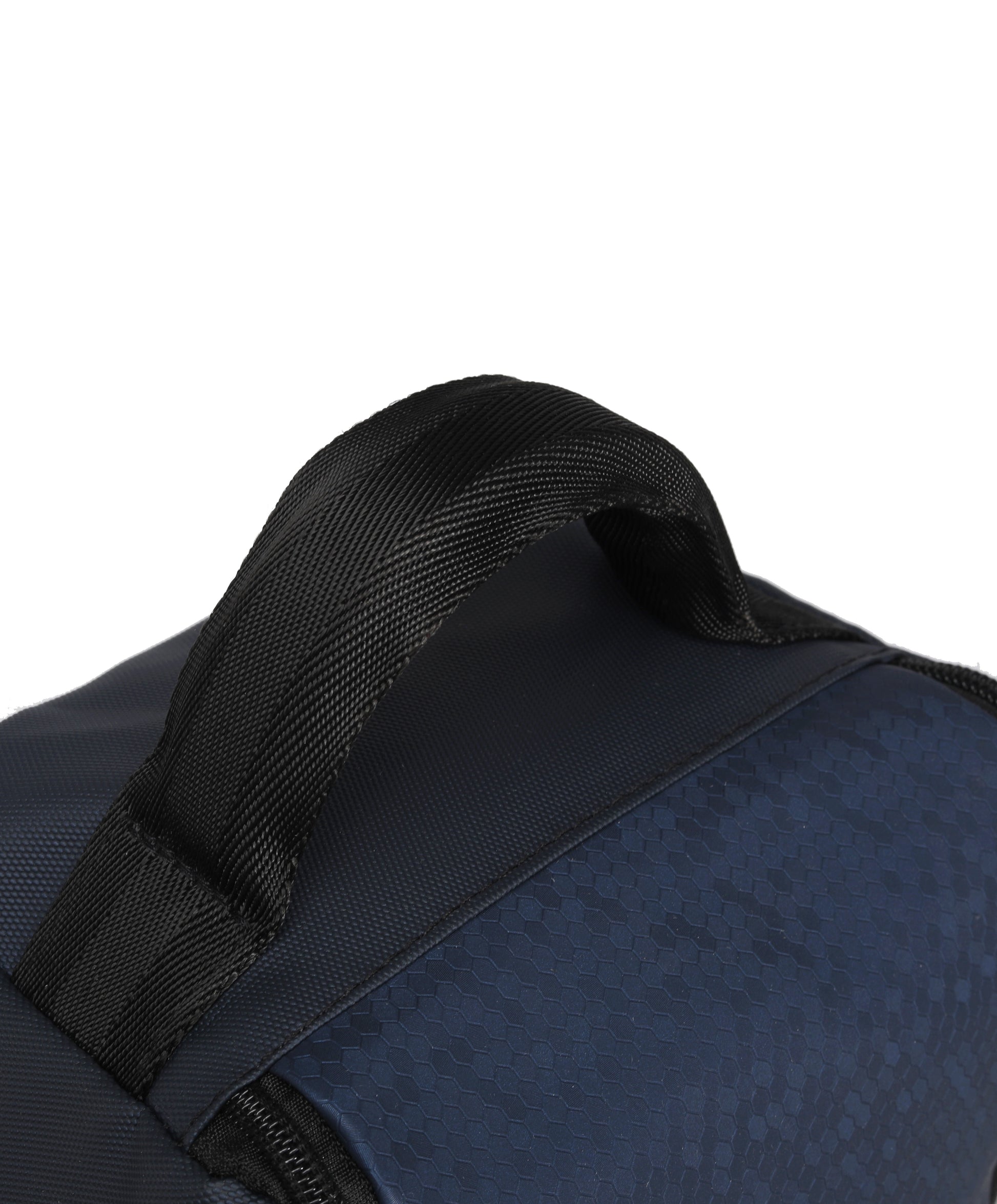 Close-up of a blue bag with a black strap on a white background