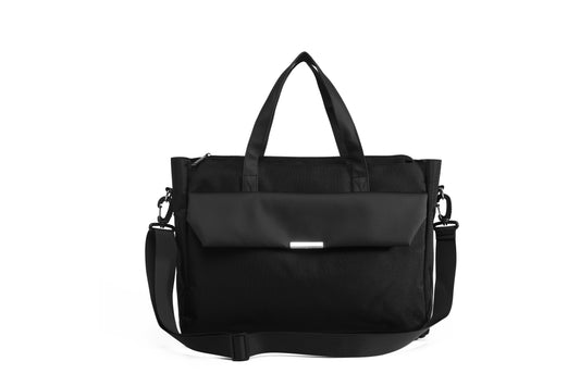 Black Document Bag with multiple straps on a white background