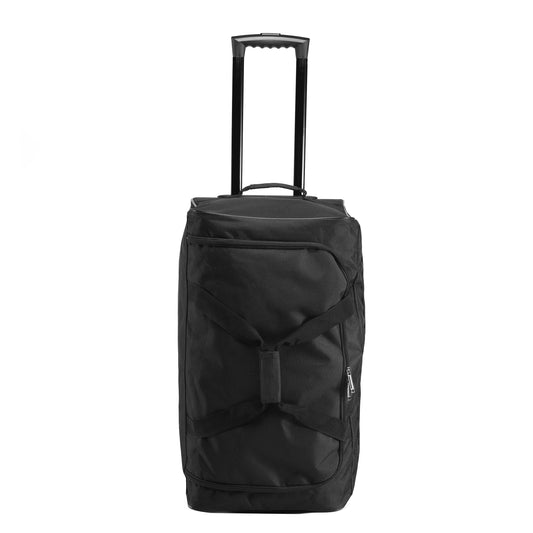 Black rolling duffel bag on a white background