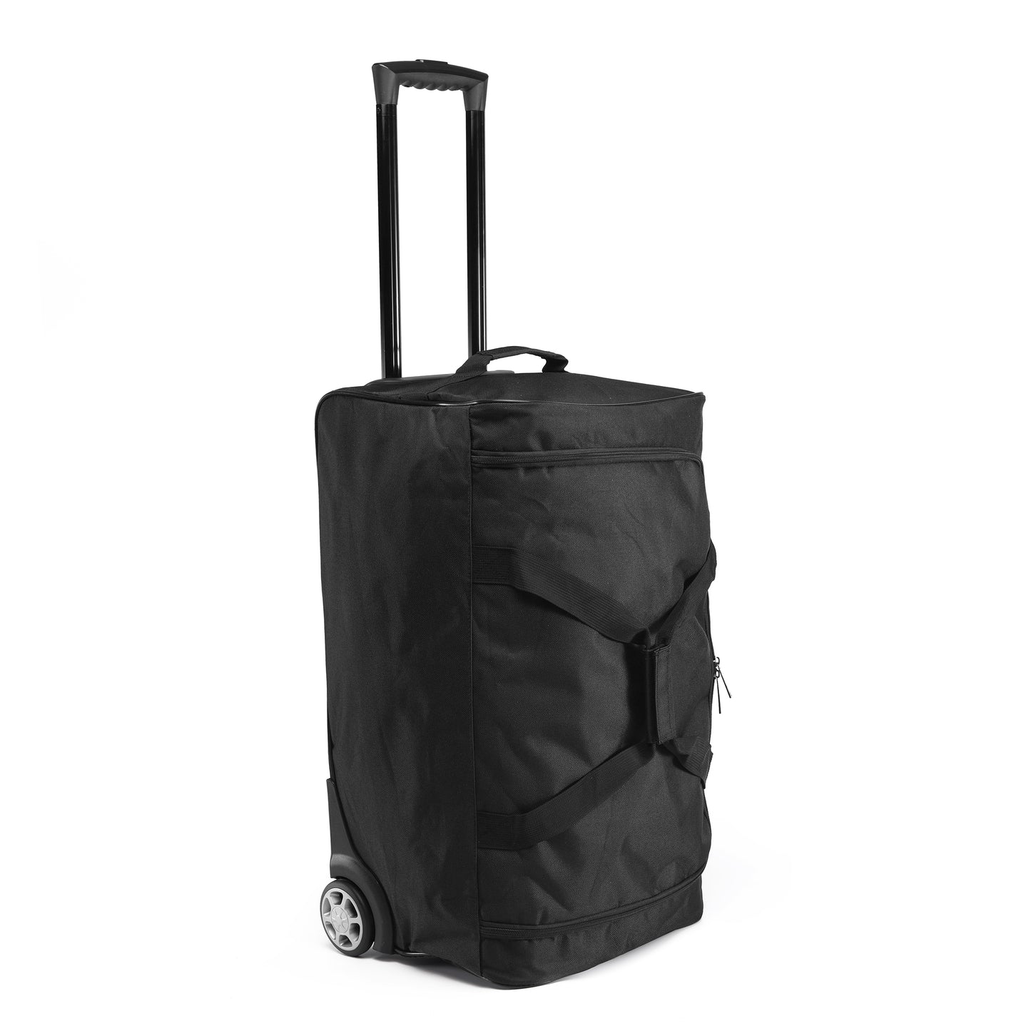 Black rolling duffel bag on a white background