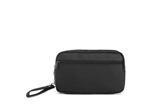 Black travel pouch with a strap on a white background