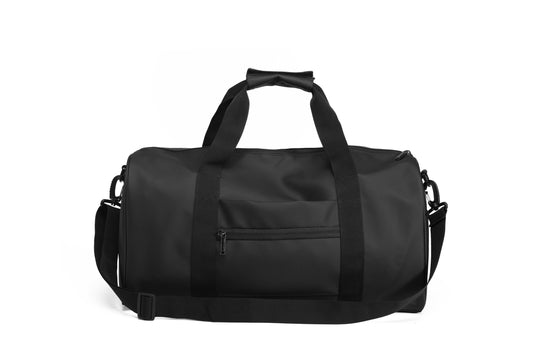 Black duffel bag on a white background