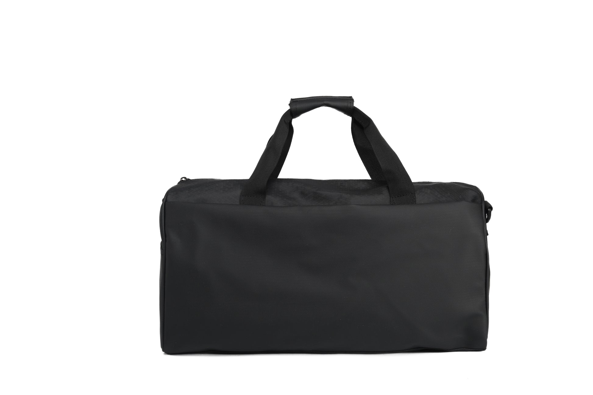 Black duffel bag on a white background