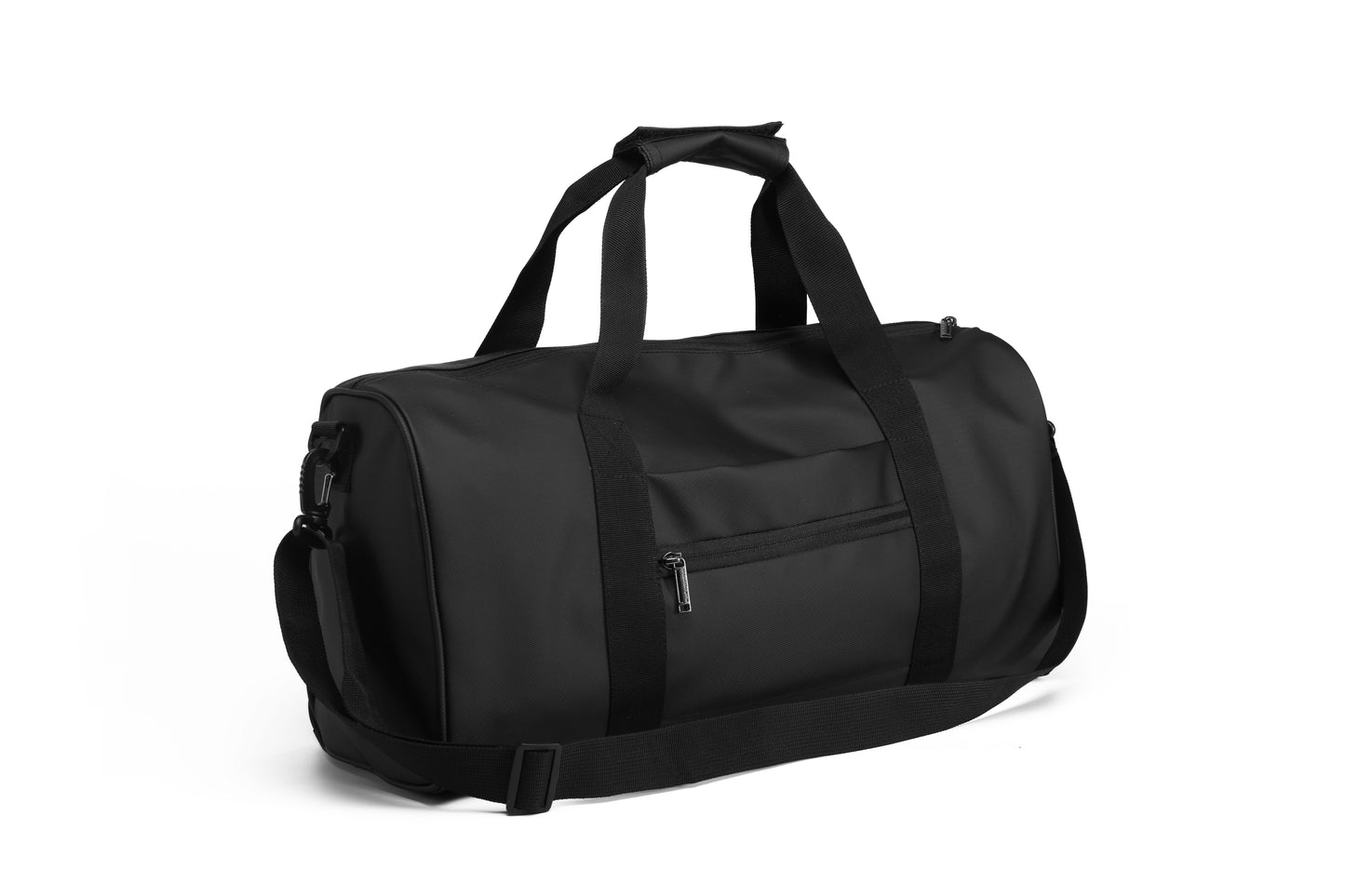 Black duffel bag on a white background